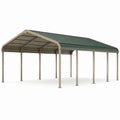 Abri double pour voitures en acier beige et vert avec toit à deux pentes, 600 × 600 × 260 cm
