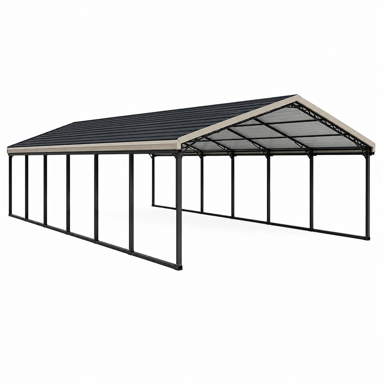 Pavillon de jardin à toit rigide à double pente, structure métallique noire, 600 × 600 × 310 cm