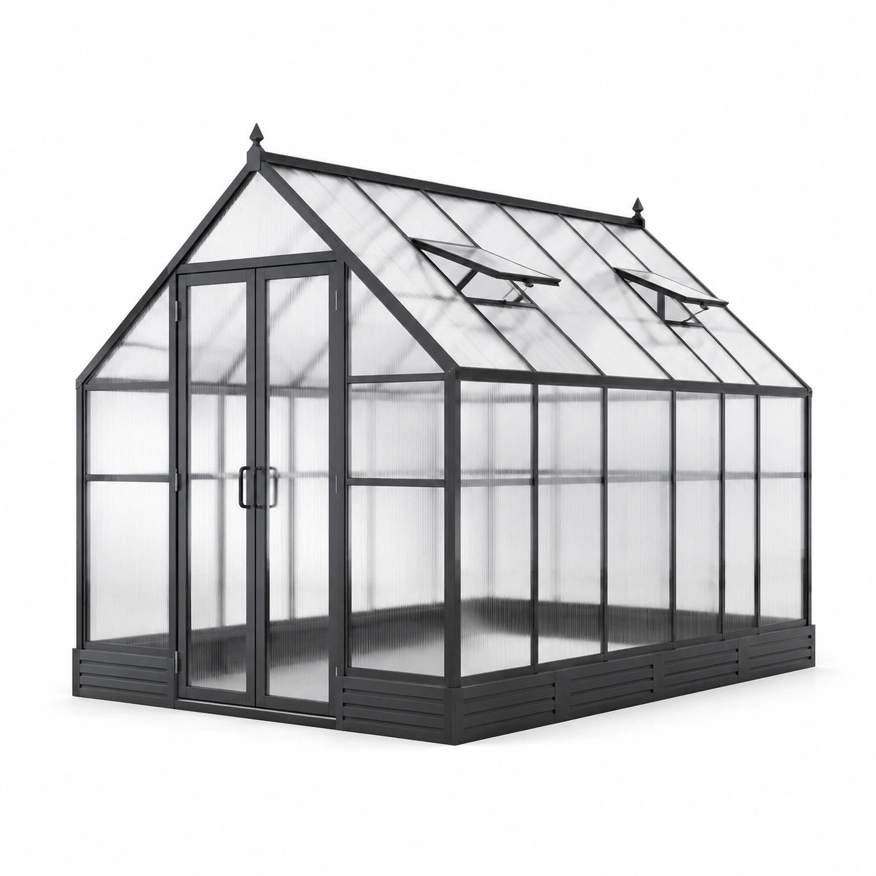 Serre de jardin en aluminium et polycarbonate 305 × 244 × 250 cm, anthracite et incolore, double porte et 2 lucarnes
