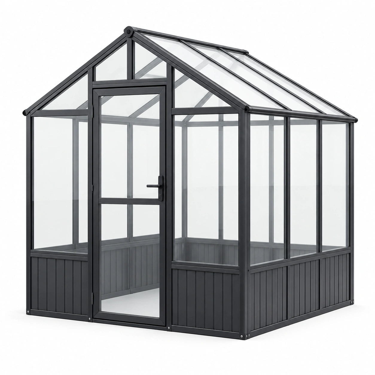 Serre de jardin en aluminium noir avec panneaux transparents, 190 × 190 × 220 cm, toit à deux pentes et porte frontale