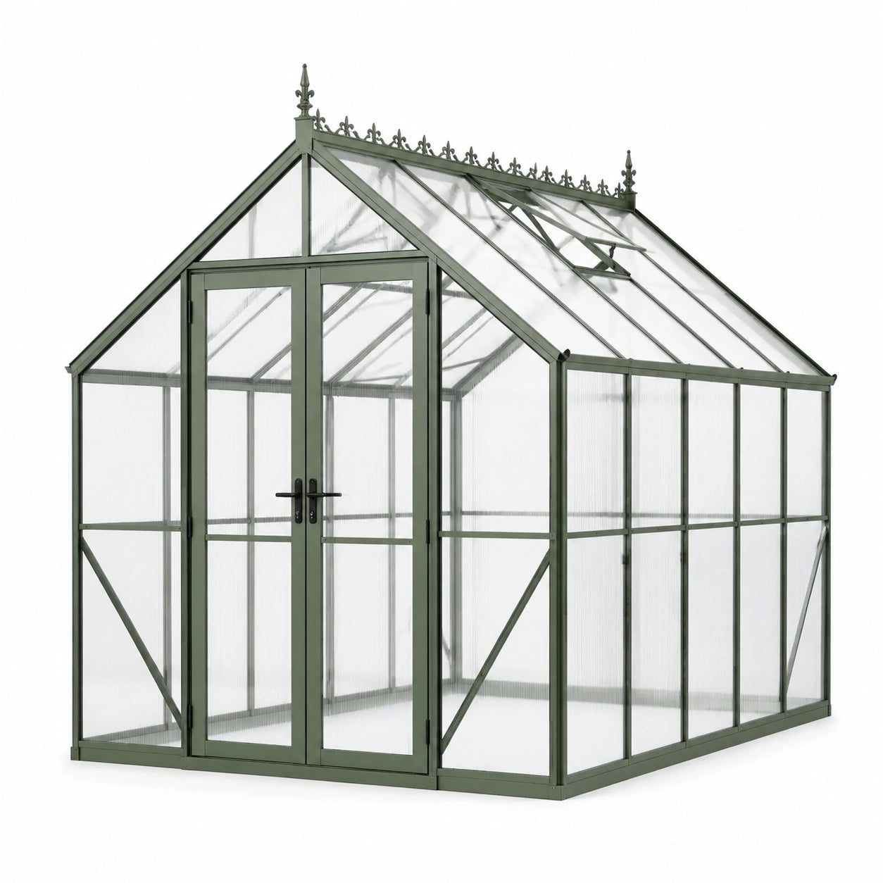 Serre de jardin en aluminium vert et polycarbonate transparent, 254 × 254 × 260 cm, double porte et lucarne de toit