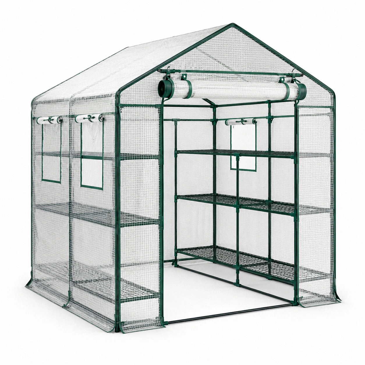 Serre de jardin transparente et vert foncé 143 × 143 × 195 cm avec étagères, porte et fenêtres enroulables