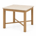 Table haute carrée en bois naturel avec plateau beige effet travertin, 90 × 90 × 90 cm