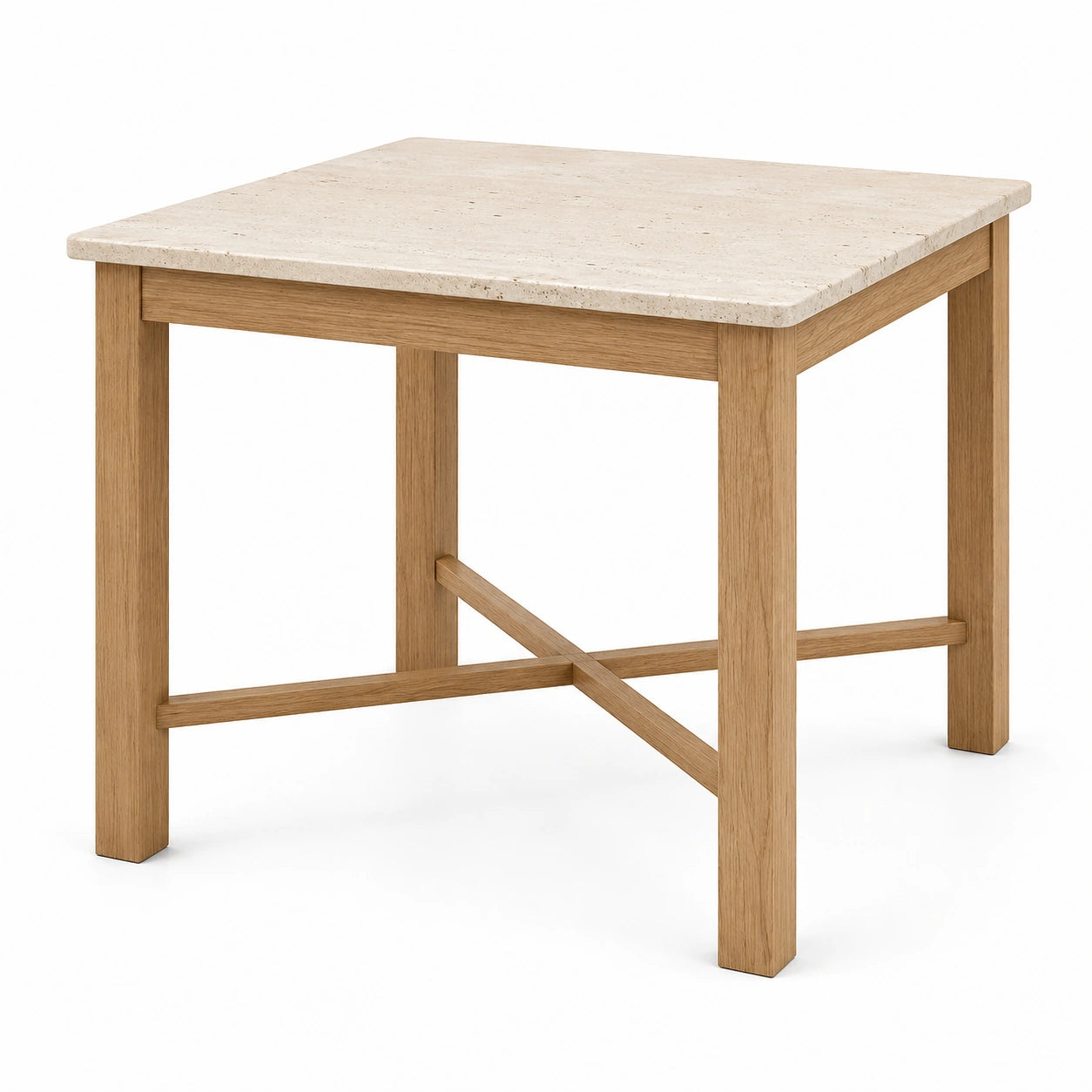Table haute carrée en bois naturel avec plateau beige effet travertin, 90 × 90 × 90 cm