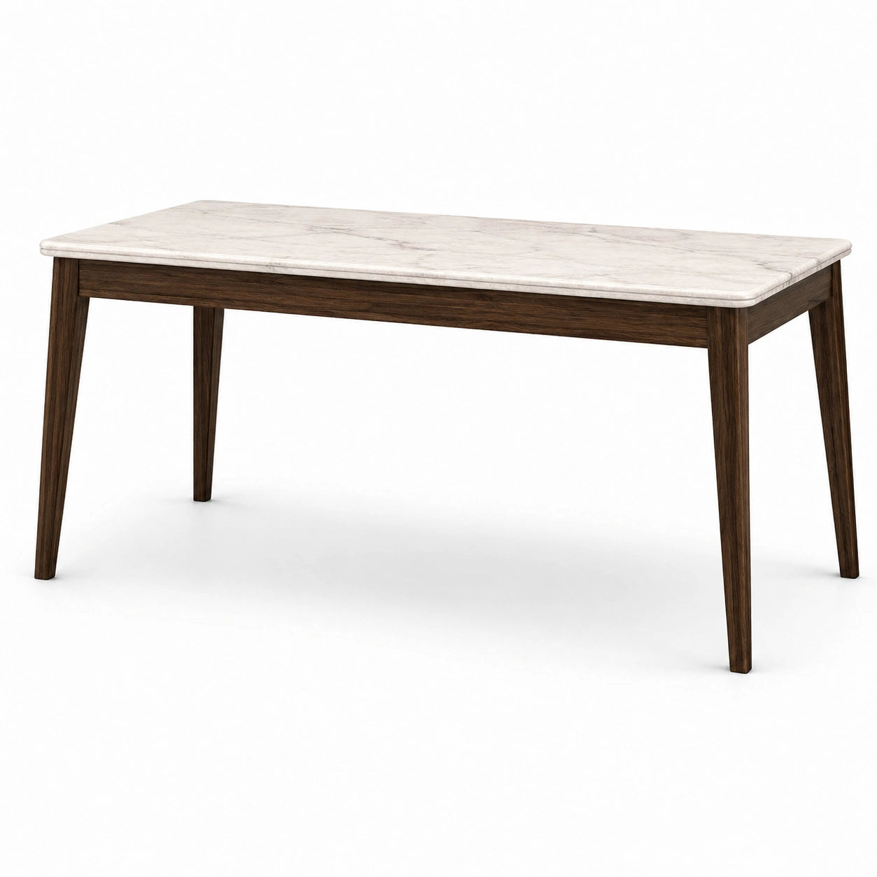 Table à manger rectangulaire en bois brun foncé avec plateau blanc veiné effet marbre, 140 × 80 × 75 cm
