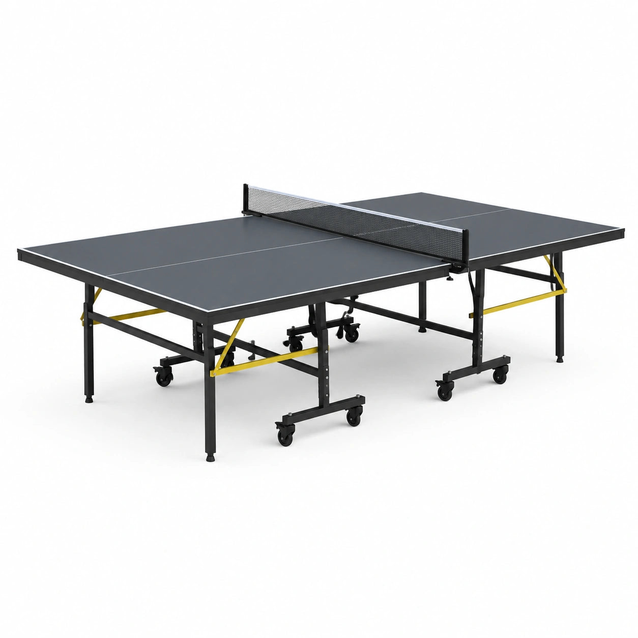 Table de tennis de table pliante d’intérieur avec roulettes et filet, 274 × 152,5 × 76 cm, gris foncé, noir, jaune et blanc