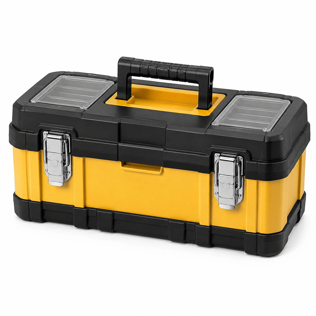 Boîte à outils jaune et noire 48 × 25 × 24 cm avec poignée rabattable et loquets métalliques