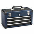 Caisse à outils verrouillable en acier bleu marine, noir et argenté avec 3 tiroirs, 51 × 22 × 31 cm