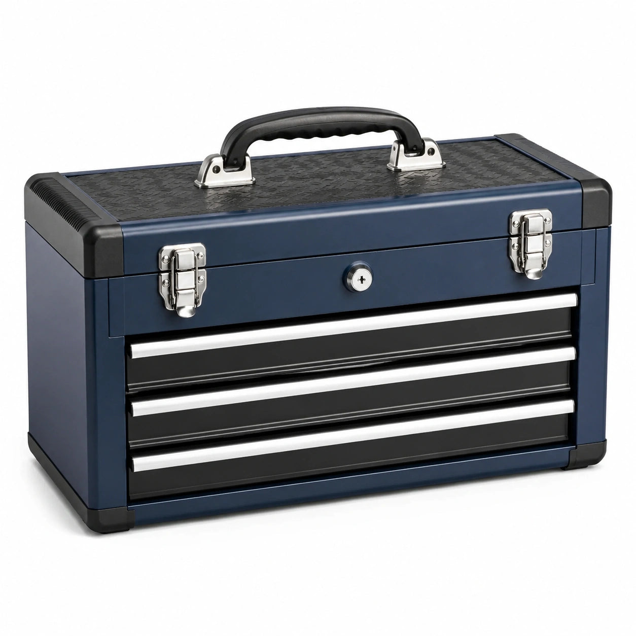 Caisse à outils verrouillable en acier bleu marine, noir et argenté avec 3 tiroirs, 51 × 22 × 31 cm
