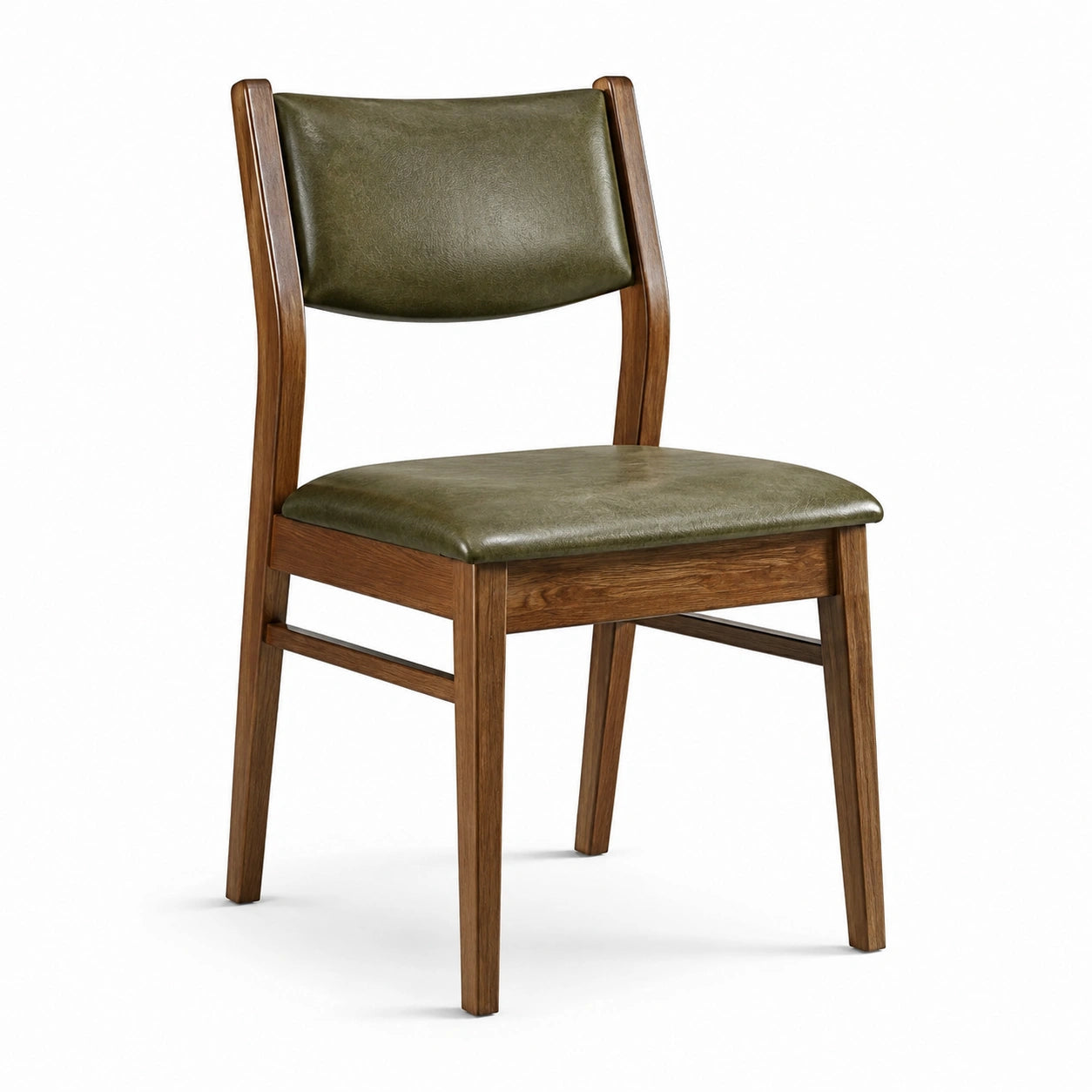 Chaise rétro rembourrée en bois brun et effet cuir vert olive, 48 × 53 × 84 cm