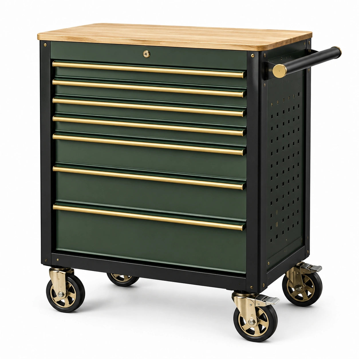 Servante d’atelier mobile à 7 tiroirs, 77 × 46 × 93 cm, vert foncé, noir, doré et bois naturel