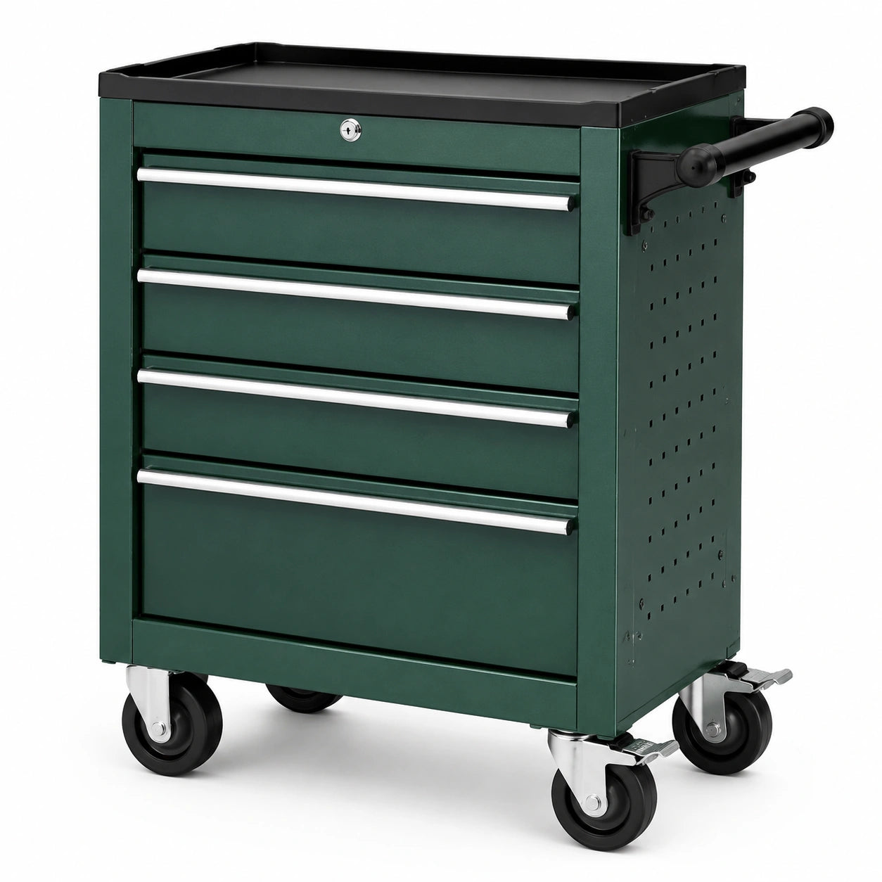 Servante d’atelier mobile verrouillable en acier vert foncé à 4 tiroirs, 69 × 33 × 77 cm