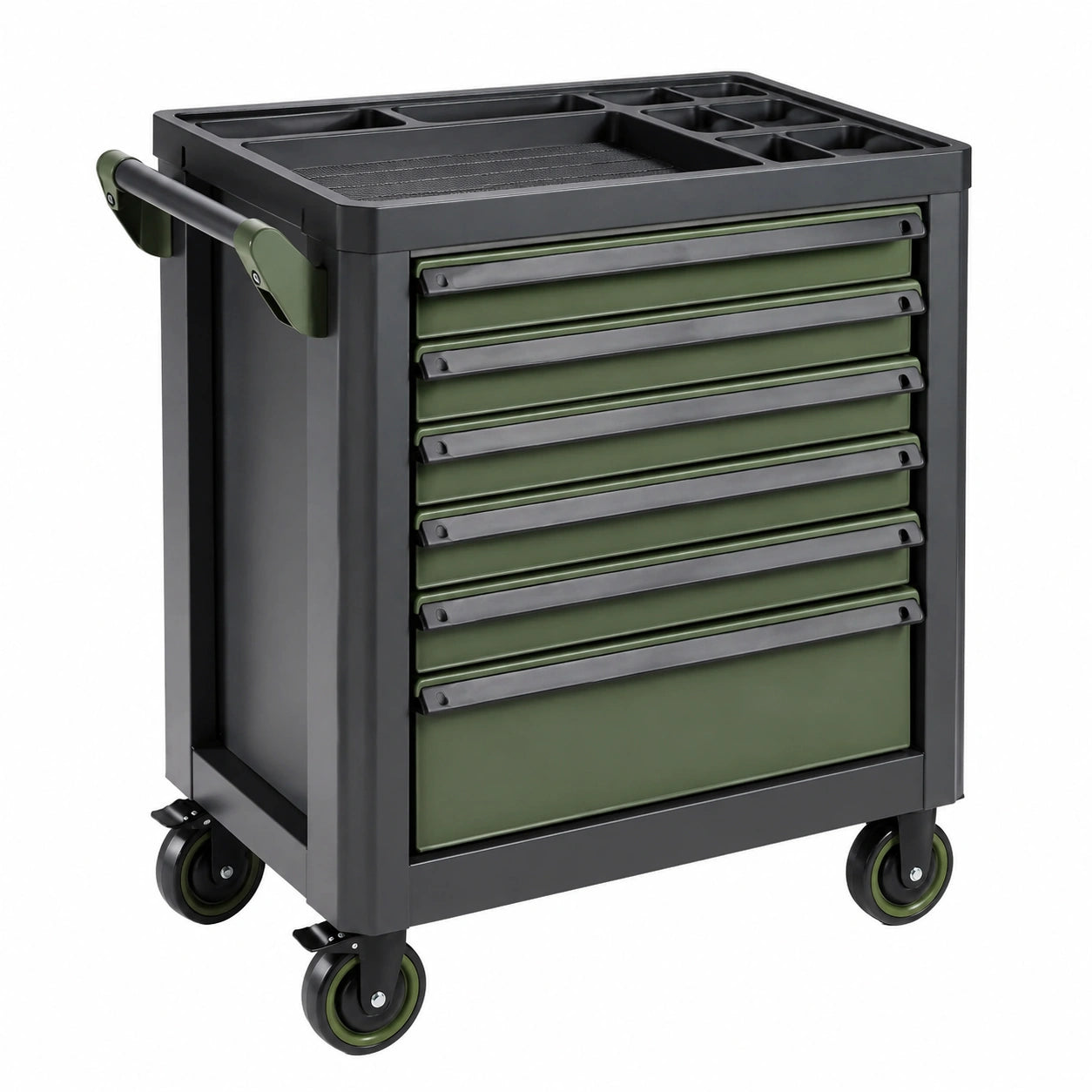 Servante d’atelier mobile en acier vert et noir, 77 × 46 × 97 cm, 6 tiroirs et plateau compartimenté