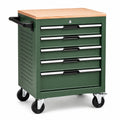 Servante d’atelier mobile en acier vert à 5 tiroirs avec plateau en bois, 68 × 46 × 82 cm