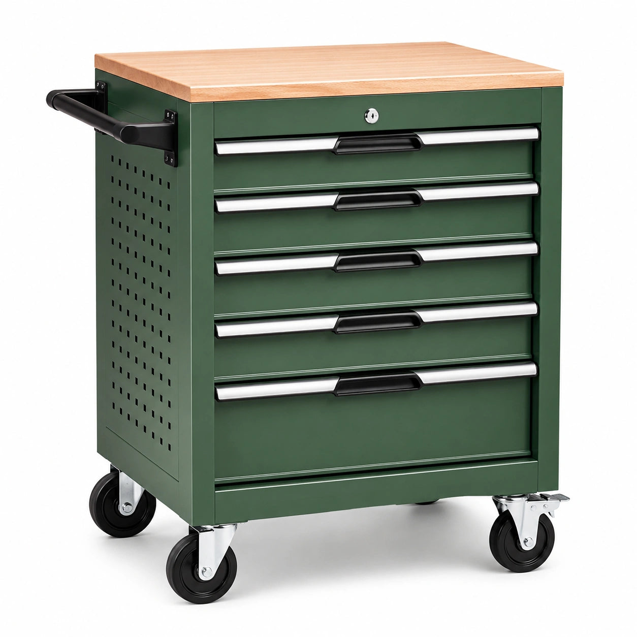 Servante d’atelier mobile en acier vert à 5 tiroirs avec plateau en bois, 68 × 46 × 82 cm