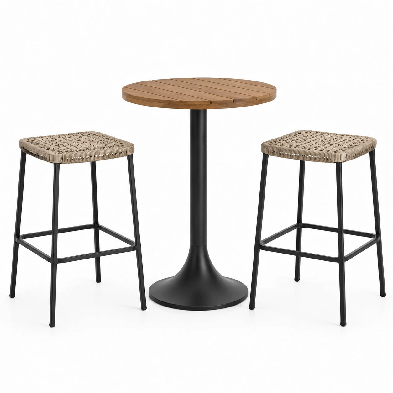 Ensemble de bar extérieur 3 pièces, table ronde Ø 70 x H 95 cm et 2 tabourets 40 x 40 x H 75 cm, bois, métal et corde tressée, marron naturel, beige et noir