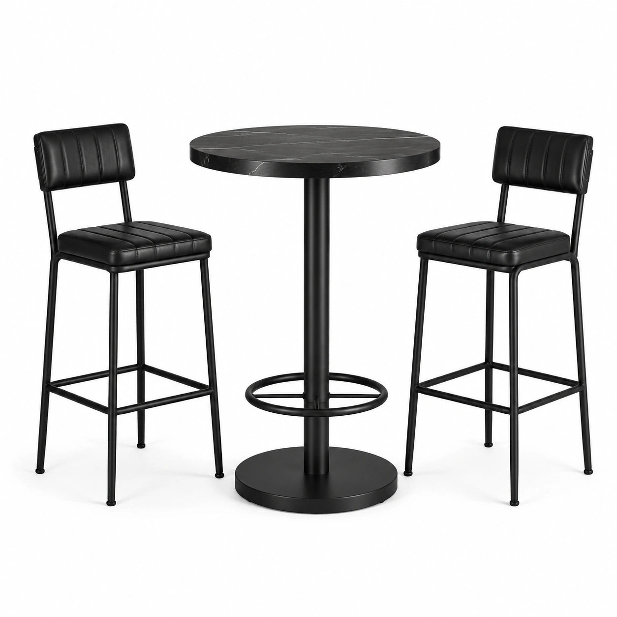 Table haute ronde avec 2 tabourets noirs, effet marbre, table Ø 80 × H 105 cm, tabourets 45 × 48 × 98 cm