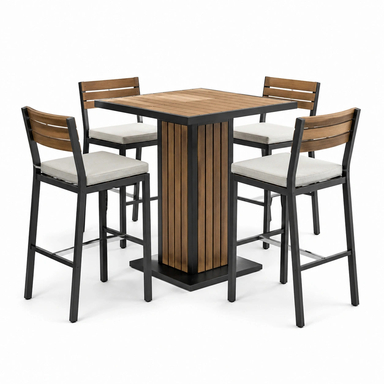 Ensemble de bar de jardin 5 pièces noir, brun et écru avec table haute 90 × 90 × 95 cm et 4 chaises 54 × 57 × 108 cm