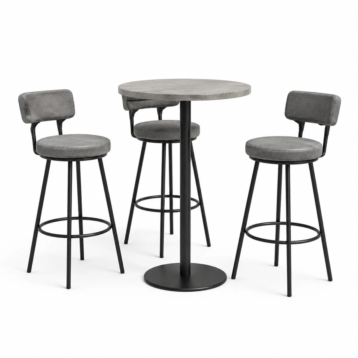 Ensemble 4 pièces gris et noir avec table ronde Ø 80 × H 100 cm et 3 tabourets 45 × 50 × 95 cm