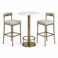 Ensemble avec table haute ronde Ø 90 × 105 cm et 2 tabourets 48 × 52 × 102 cm, blanc effet marbre, beige et doré