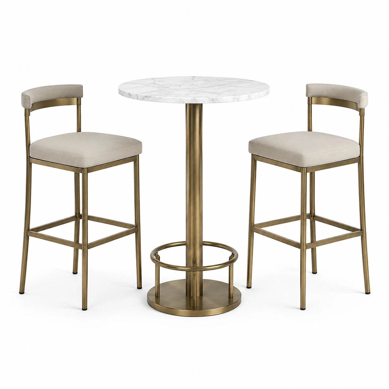 Ensemble avec table haute ronde Ø 90 × 105 cm et 2 tabourets 48 × 52 × 102 cm, blanc effet marbre, beige et doré