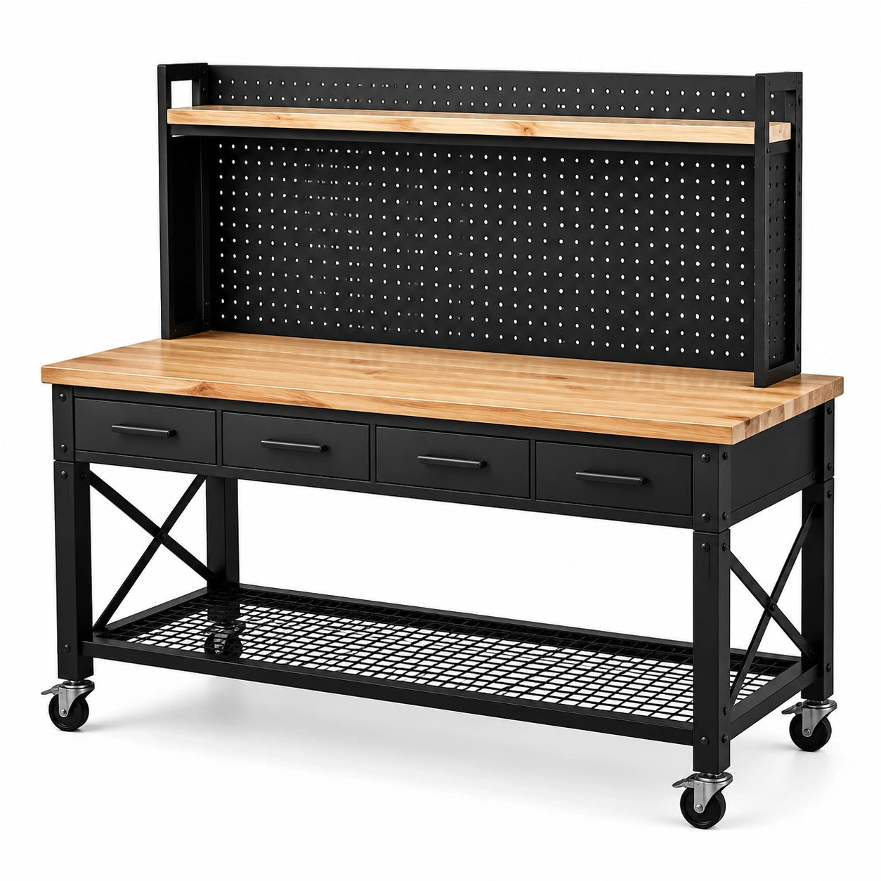 Établi d’atelier mobile 152 × 64 × 160 cm en acier noir et bois naturel avec 4 tiroirs, panneau perforé et roulettes