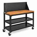 Établi mobile en acier noir et bois naturel, 120 × 60 × 150 cm, avec panneau perforé, 2 étagères et 4 roulettes
