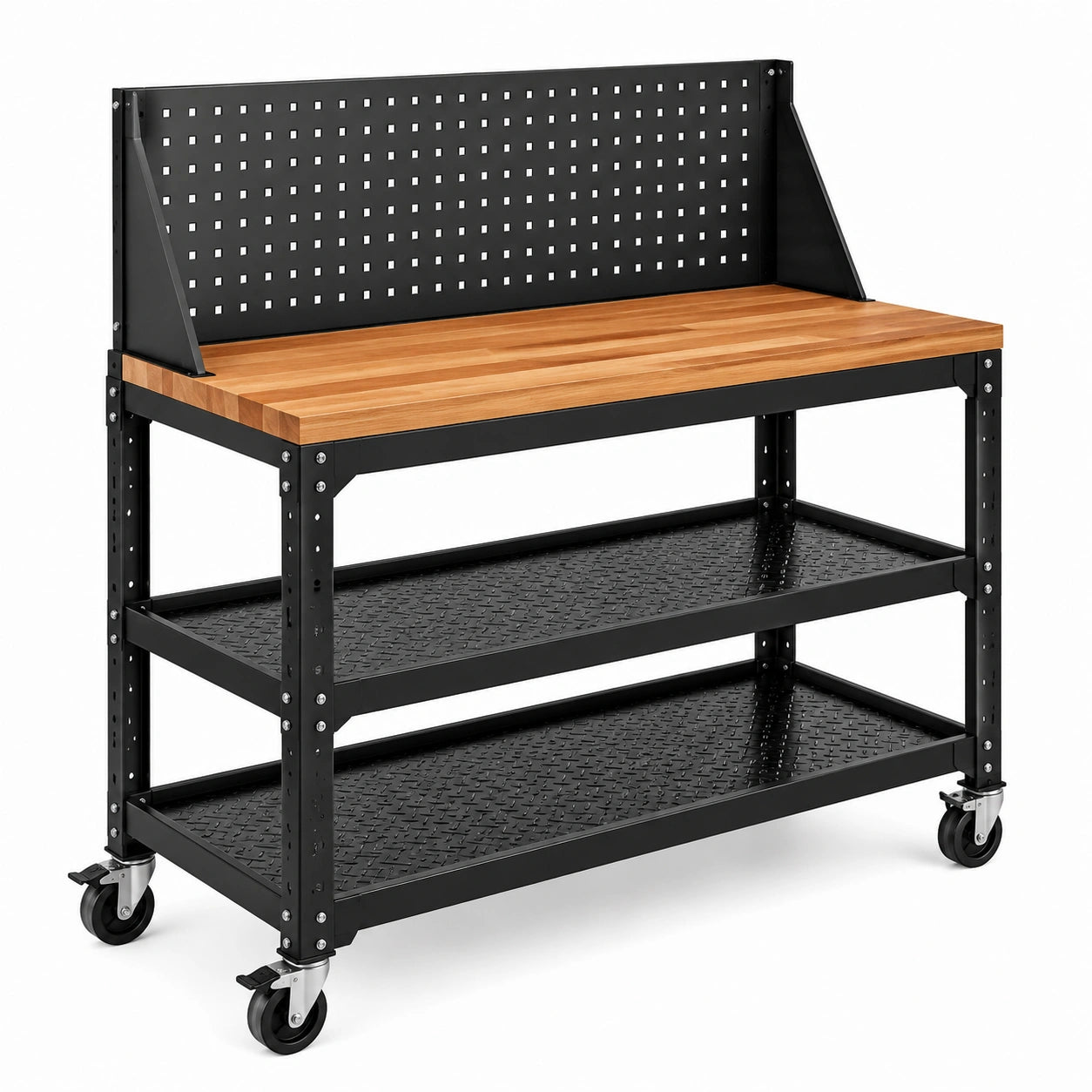 Établi mobile en acier noir et bois naturel, 120 × 60 × 150 cm, avec panneau perforé, 2 étagères et 4 roulettes