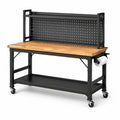 Établi mobile 120 × 60 × 150 cm en acier noir et bois naturel avec panneau perforé et rangements