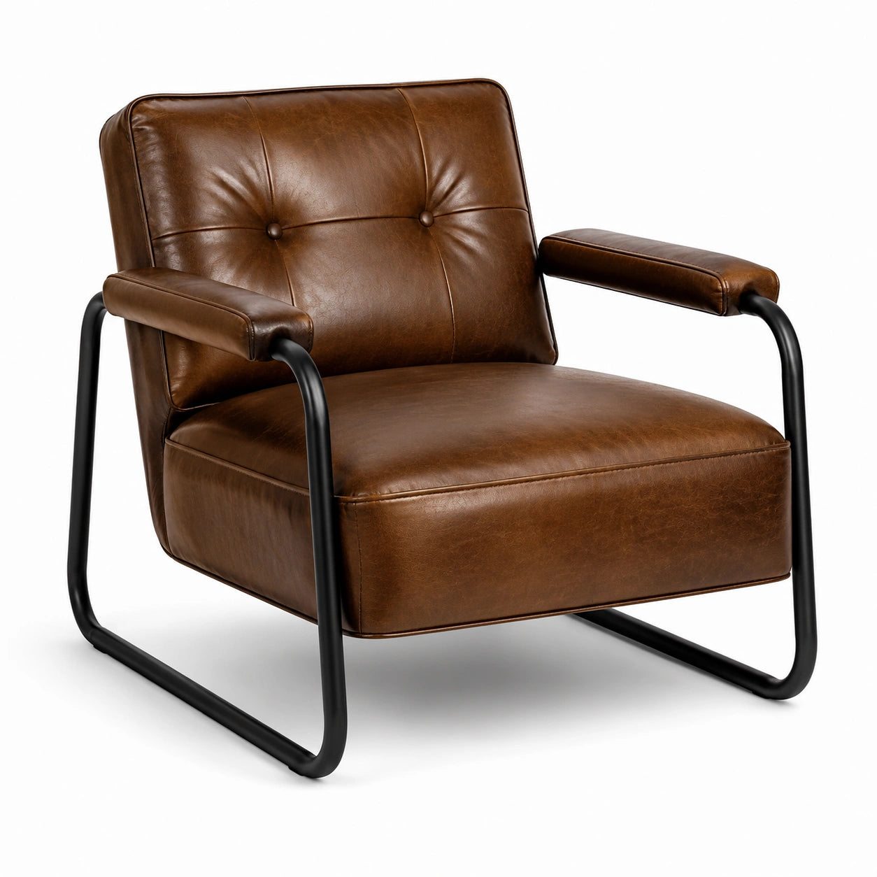 Fauteuil industriel en similicuir marron et métal noir, 75 × 80 × 82 cm