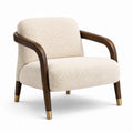 Fauteuil contemporain en tissu bouclé ivoire, bois brun et métal finition laiton, 75 × 78 × 80 cm