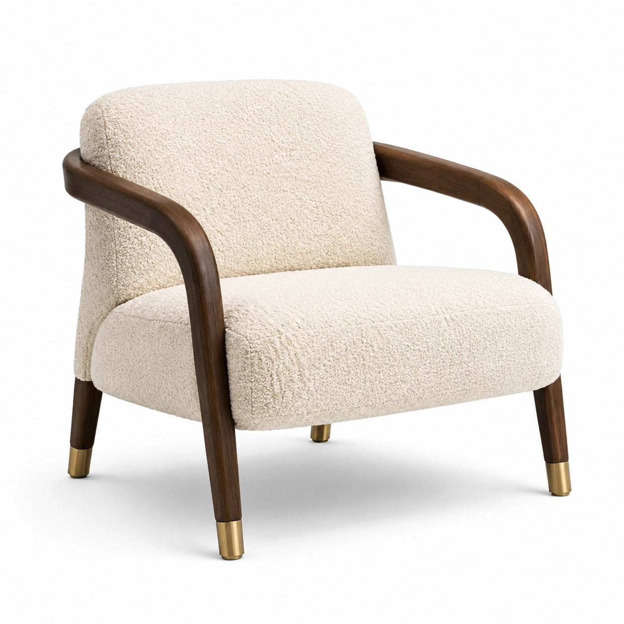 Fauteuil contemporain en tissu bouclé ivoire, bois brun et métal finition laiton, 75 × 78 × 80 cm