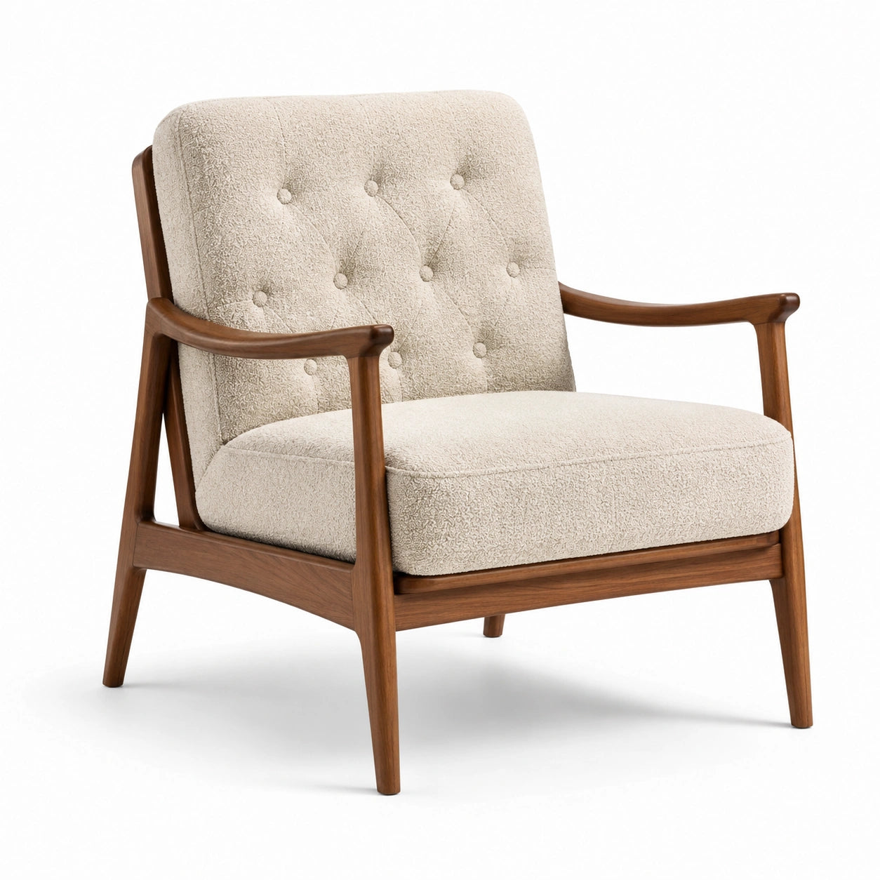 Fauteuil rétro avec accoudoirs 76 × 82 × 85 cm en tissu bouclé écru et bois marron