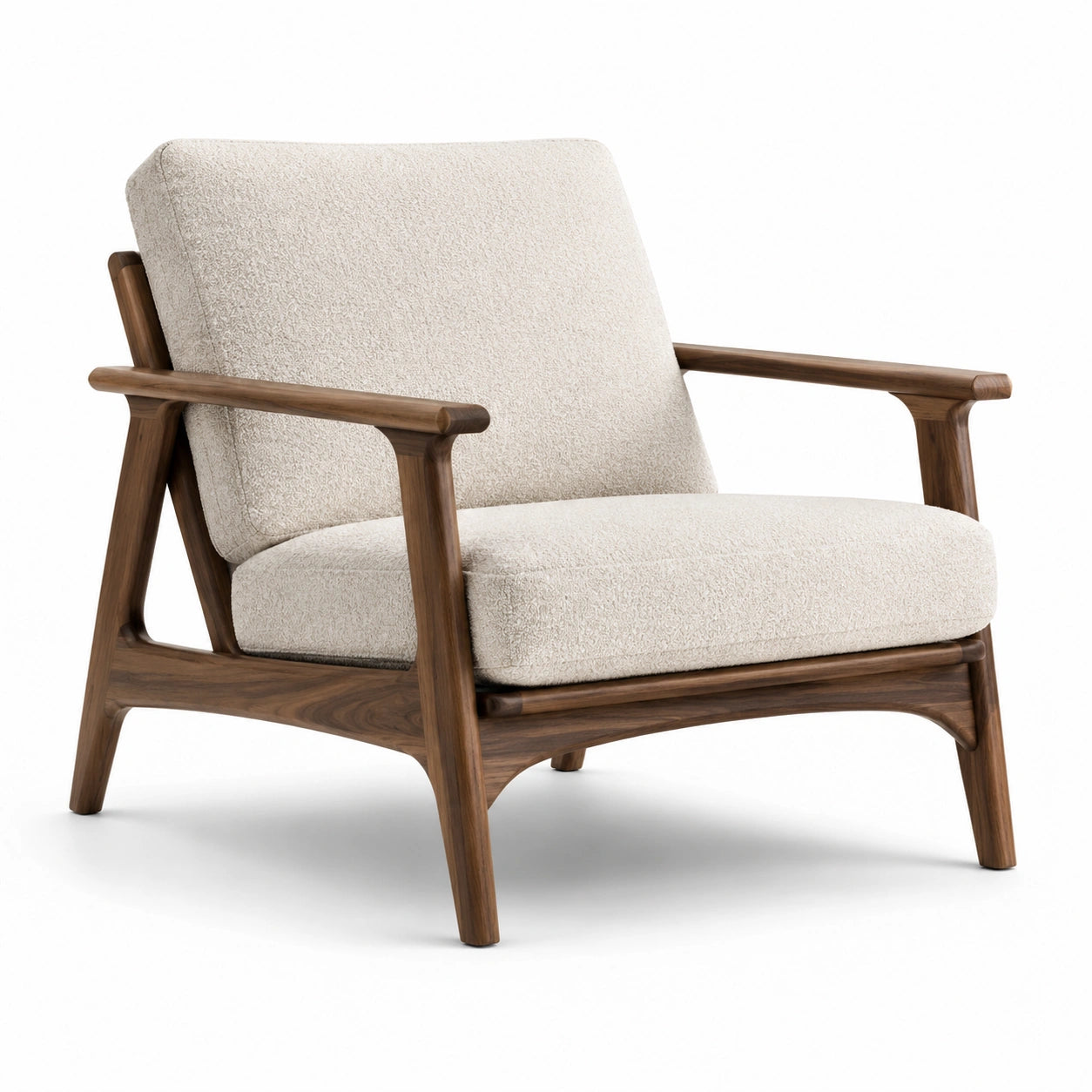 Fauteuil 1 place en bois marron et tissu bouclé écru, 78 × 82 × 84 cm, style contemporain