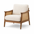 Fauteuil en bois et cannage avec tissu bouclé écru, 76 × 82 × 80 cm, style rétro