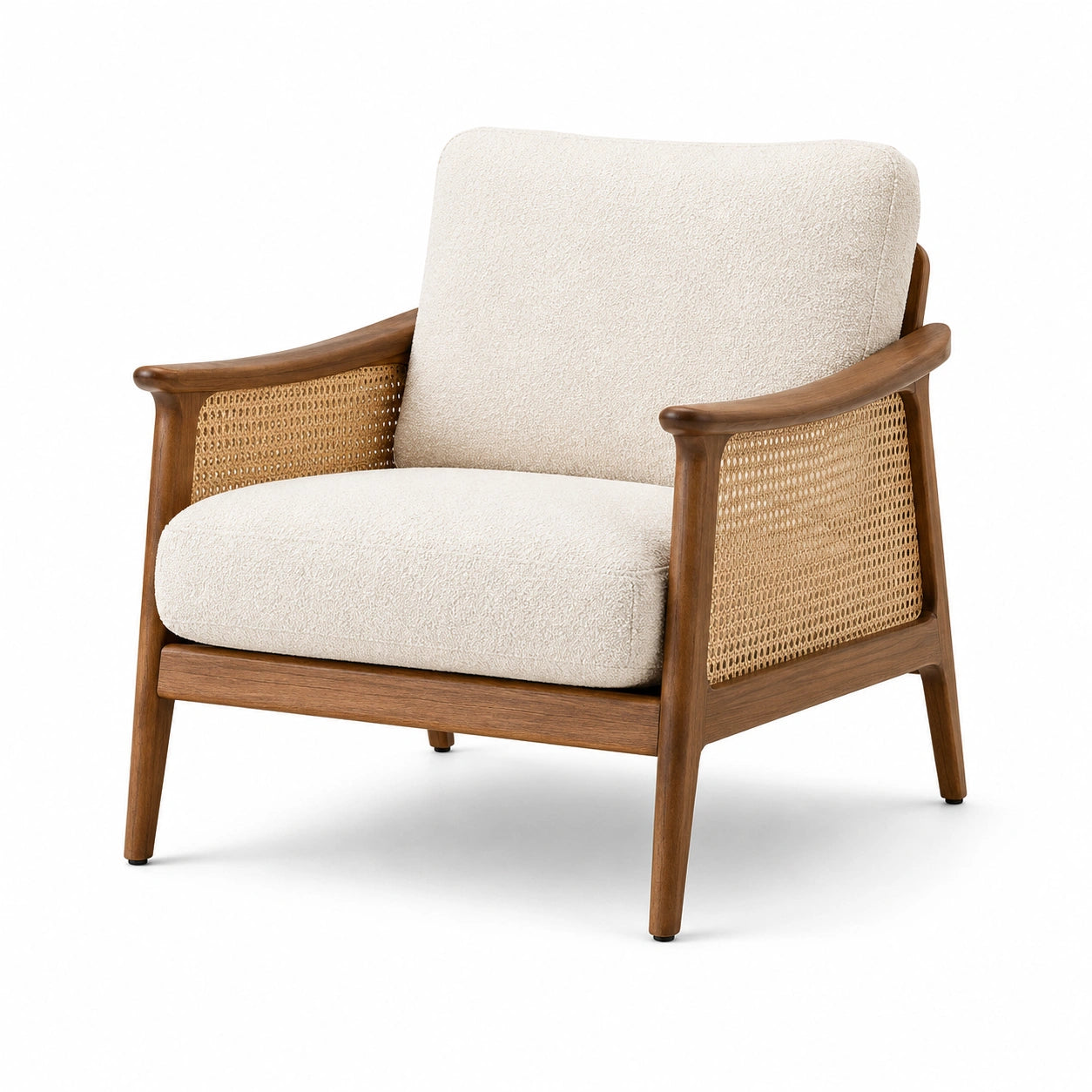 Fauteuil en bois et cannage avec tissu bouclé écru, 76 × 82 × 80 cm, style rétro