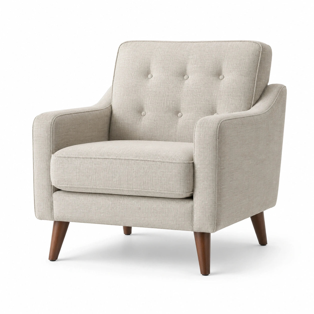 Fauteuil capitonné rétro en tissu beige avec pieds en bois marron, 82 × 78 × 88 cm
