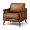 Fauteuil rétro en bois avec revêtement synthétique aspect cuir marron et accoudoirs, 76 × 82 × 84 cm
