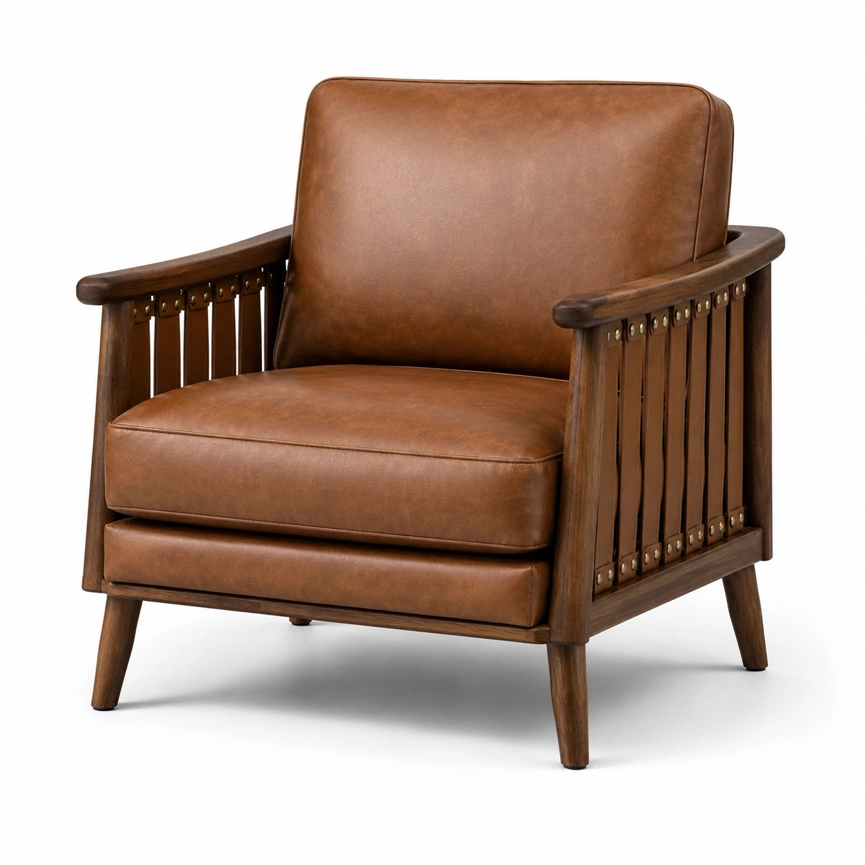 Fauteuil rétro en bois avec revêtement synthétique aspect cuir marron et accoudoirs, 76 × 82 × 84 cm