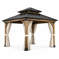 Tonnelle de jardin en bois brun 300 × 300 × 310 cm avec toit métallique noir et rideaux écrus
