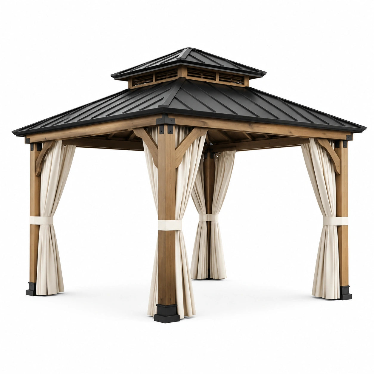 Tonnelle de jardin en bois brun 300 × 300 × 310 cm avec toit métallique noir et rideaux écrus