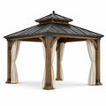 Pavillon de jardin en bois marron avec toit en acier anthracite et rideaux beiges, 300 × 300 × 310 cm