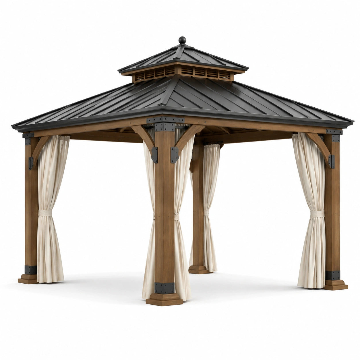 Pavillon de jardin en bois marron avec toit en acier anthracite et rideaux beiges, 300 × 300 × 310 cm