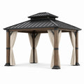 Pavillon de jardin 300 × 400 × 310 cm marron, noir et beige avec toit métallique rigide ventilé et rideaux