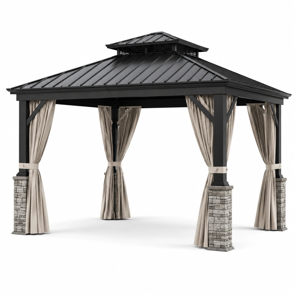 Pergola de jardin en métal noir avec toit rigide et rideaux beiges, 400 × 300 × 310 cm
