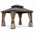 Pavillon de jardin en bois et métal avec rideaux, marron, anthracite, beige et gris pierre, 360 × 300 × 310 cm