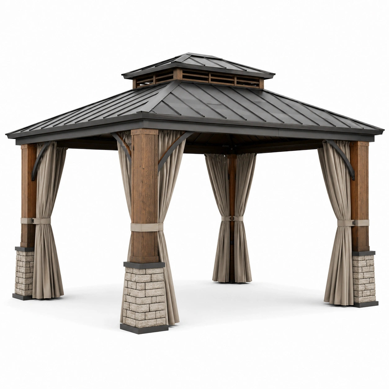 Pavillon de jardin en bois et métal avec rideaux, marron, anthracite, beige et gris pierre, 360 × 300 × 310 cm