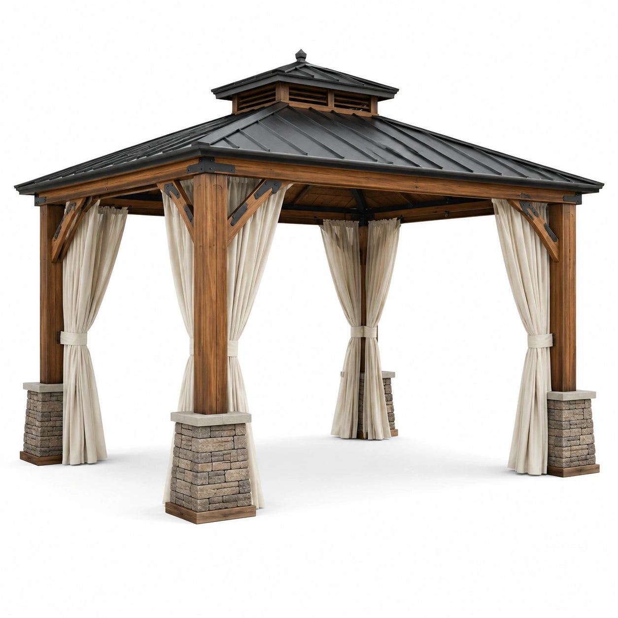 Pavillon de jardin en bois brun avec toit métallique noir et rideaux écrus, 400 × 300 × 320 cm, style rustique