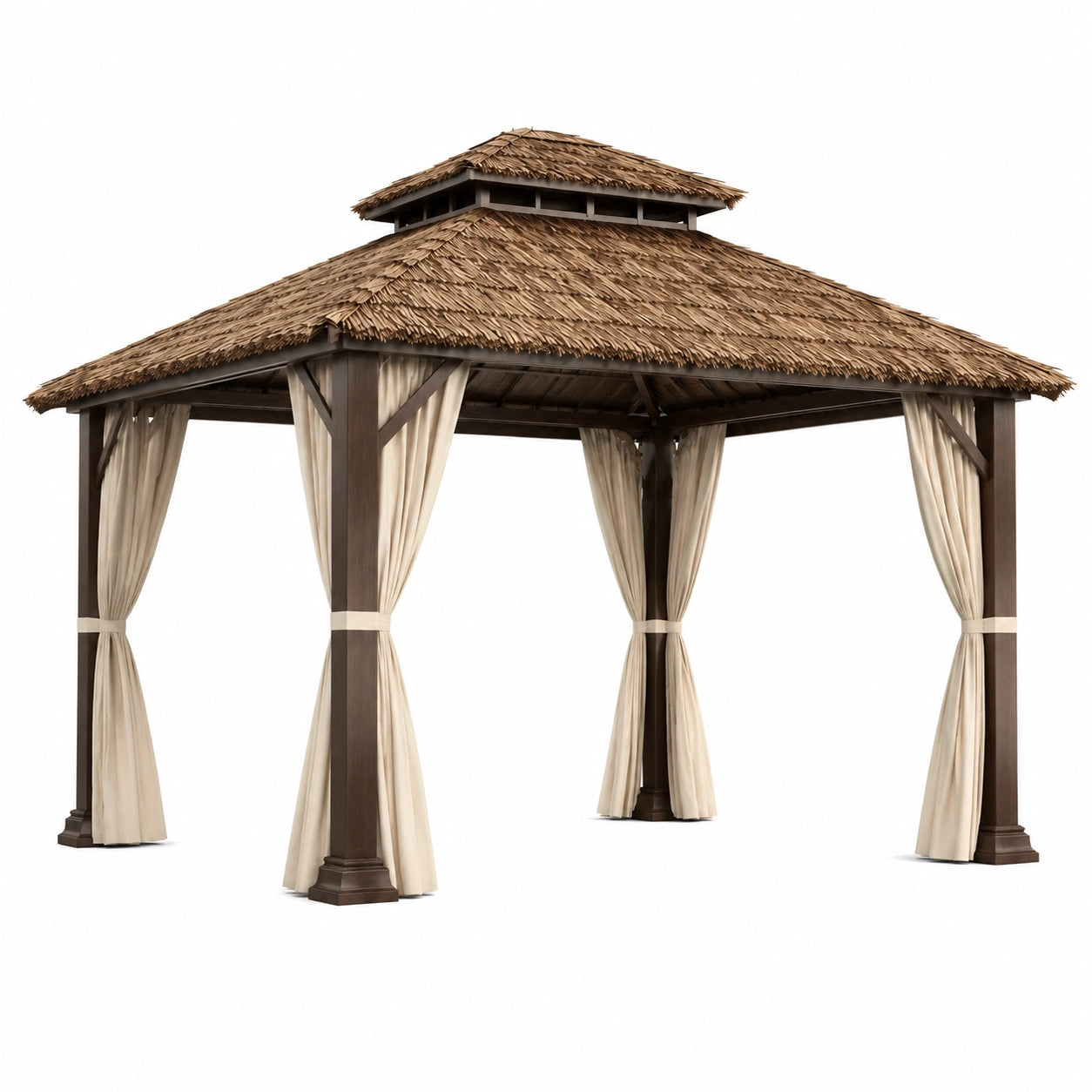 Tonnelle de jardin en bois brun avec rideaux beiges et double toit, 300 × 300 × 300 cm