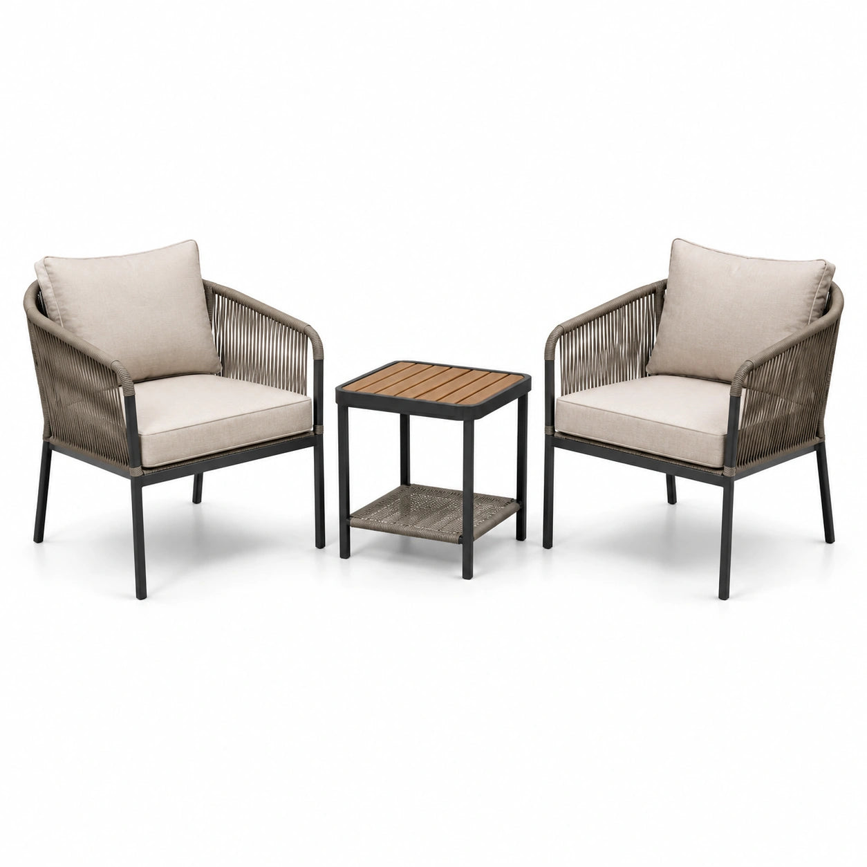 Ensemble de jardin 3 pièces avec 2 fauteuils 72 × 75 × 82 cm et table 45 × 45 × 50 cm – taupe, beige, noir et marron